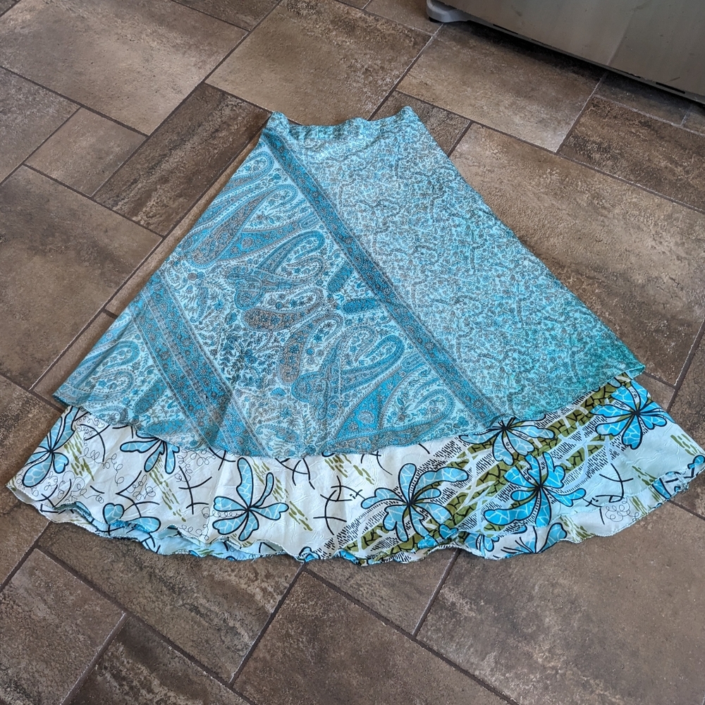 100% Silk Boho Cottagecore Floral Paisley Multi Print Wrap Maxi Skirt O/S